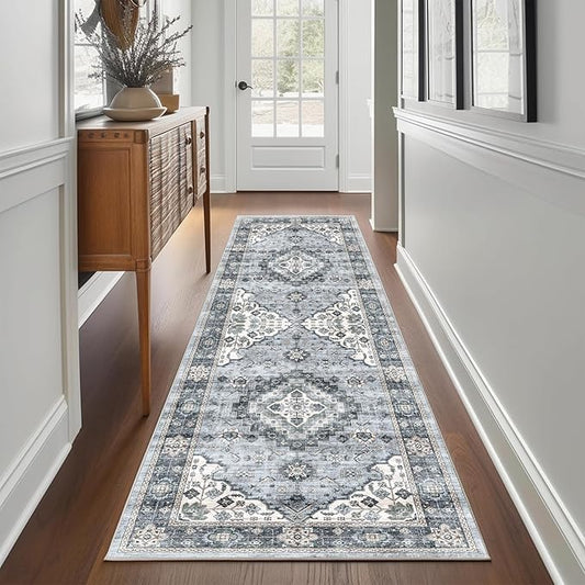 2x6 Runner Rug, Ultra-Thin Bathroom Rug, Blue Low Pile Laundry Room Mat, Machine Washable Boho Rug for Hallways Entryway Kitchen Bedside Camper