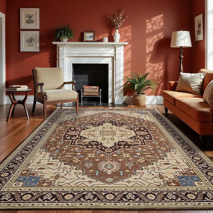 5x7 Mousse Brown Area Rug for Living Room, Machine Washable Rugs with Non-Slip Backing for Bedroom, Vintage Medallion Carpet Dining Room Office Kids Room Decor