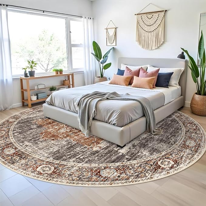 RUUGME Washable 9 ft Round Area Rug - Large Boho Rugs for Living Room Stain Resistant Carpet Vintage Tribal Rugs for Bedroom Kitchen Bathroom with Non Slip Backing Decor Floor Mat 9ft Brick