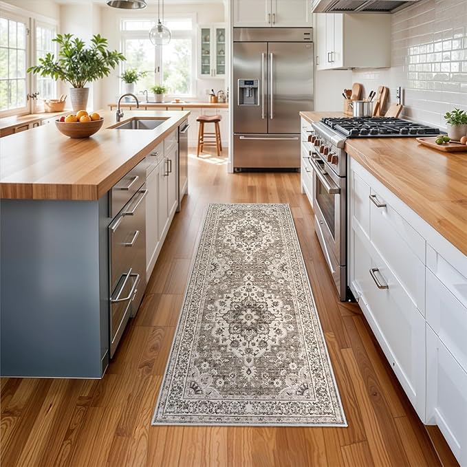 Washable Oriental Hallway Runner Rug - 2x6 Rugs for Living Room Soft Carpet for Bedroom Kitchen Waterproof Floral Distressed Indoor Stain Resistant Non-Shedding Floor Carpets (Beige, 2X6)