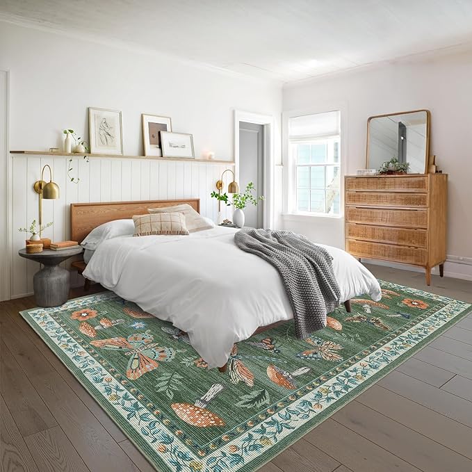 Washable Rug 9x12 Area Rugs for Living Room, Mushroom Insect for Bedroom, 9x12 Rug Non Slip Carpet with Rubber Back, Low Pile Stain Resistant Modern Carpet for Dining Room Dorm, Green