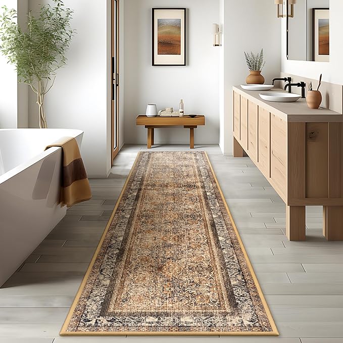 Phantoscope Hallway Runner Rug 2'x8' - Boho Washable Non-Slip Kitchen Rug Runner, Ultra-Thin Vintage Distressed Accent Throw Rug for Entryway Laundry Bathroom Bedroom, Dark Brown/Orange Spice