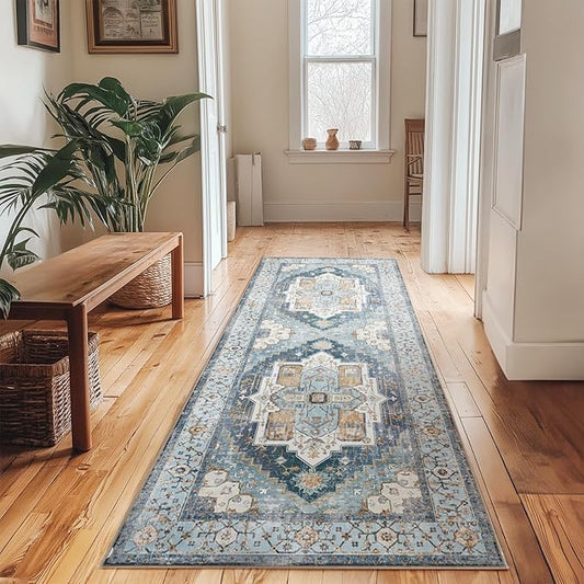 Washable 2x6 Area Rugs, Rugs for Living Room, Low-Pile Water&Stain Resistant Carpet Vintage Distressed Printed Non-Slip Carpet for Bedroom Bathroom Kitchen-Sky Blue