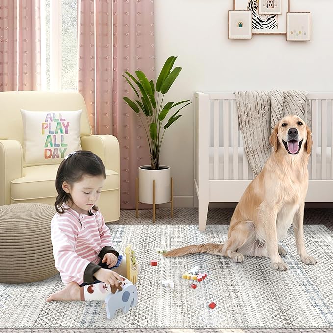 8'x10' Machine Washable Vintage Design Area Rug - Non Slip, Stain Resistant for Home, Office, Machine Washable Area Rugs 8x10 for Living Room (Grey Blue Cream 8x10)