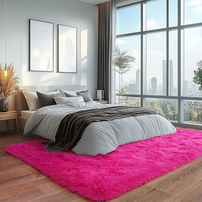 Ultra Soft Rug for Living Room, 6X9 Ft Hot Pink Fluffy Shag Area Rug for Bedroom, Modern Shaggy Carpets Fuzzy Rug for Teens Dorm, Upgrade Anti-Skid Durable Fuzzy Plush Carpet