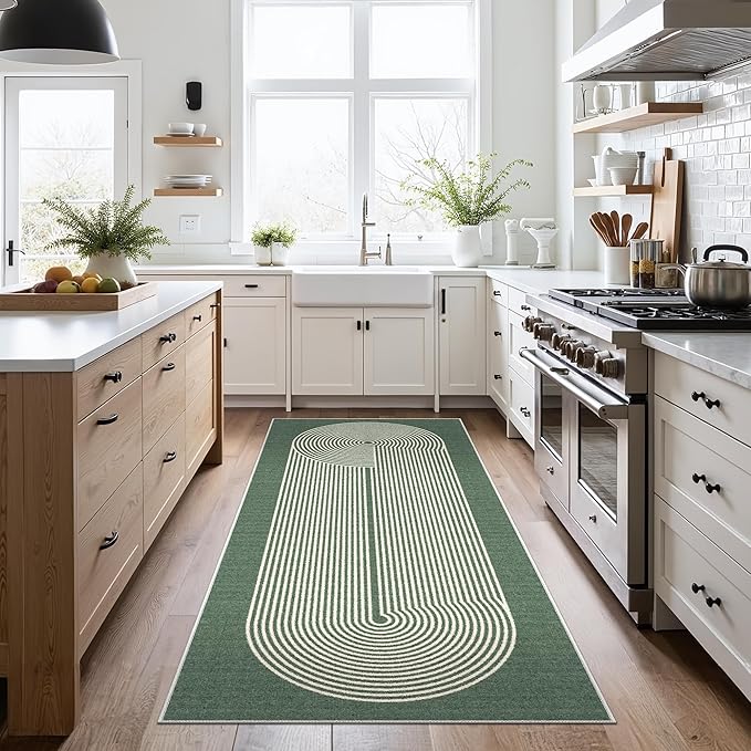 Bavni Hallway Runner, Machine Washable Runner Rug, Soft Modern 2x7 Rugs, Abstract Low Pile Lightweight Rugs for Bedroom, Hallways, Kitchen, Sage Green Lines