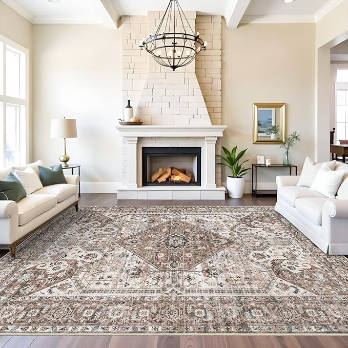 Washable 9x12 Large Area Rug: Vintage Non-Slip Backing Rugs for Living Room Stain Resistant Bedroom Carpet Soft Medallion Farmhouse Floor Mat for Dining Room Home Office 9x12 Brown