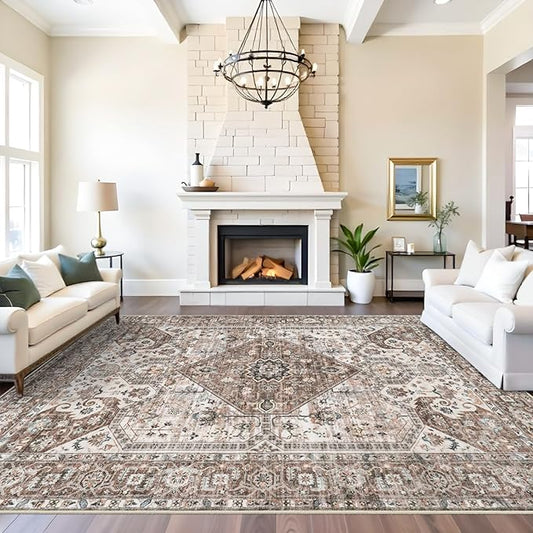Washable 9x12 Large Area Rug: Vintage Non-Slip Backing Rugs for Living Room Stain Resistant Bedroom Carpet Soft Medallion Farmhouse Floor Mat for Dining Room Home Office 9x12 Brown
