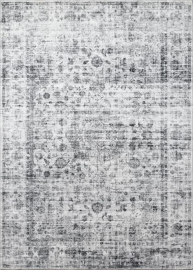 5x7 Vintage Area Rugs for Living Room & Bedroom - Traditional Washable Non-Slip Plush Rug - Soft Indoor Floor Carpet for Kids Playroom (White/Grey)
