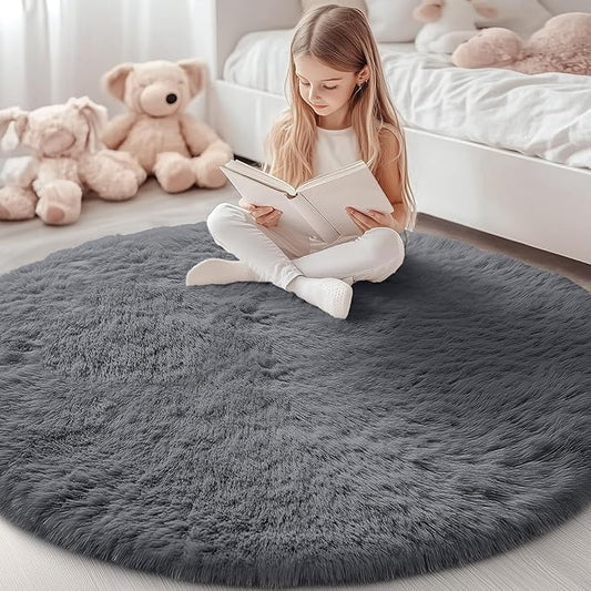 OLANLY Grey Round Rugs for Bedroom - Machine Washable, 5x5 Feet Circle Area Rugs for Living Room, Soft and Fluffy Shaggy Carpet for Teen Girls and Boys, Dorms, Nursery Rooms, Home Decor Aesthetic