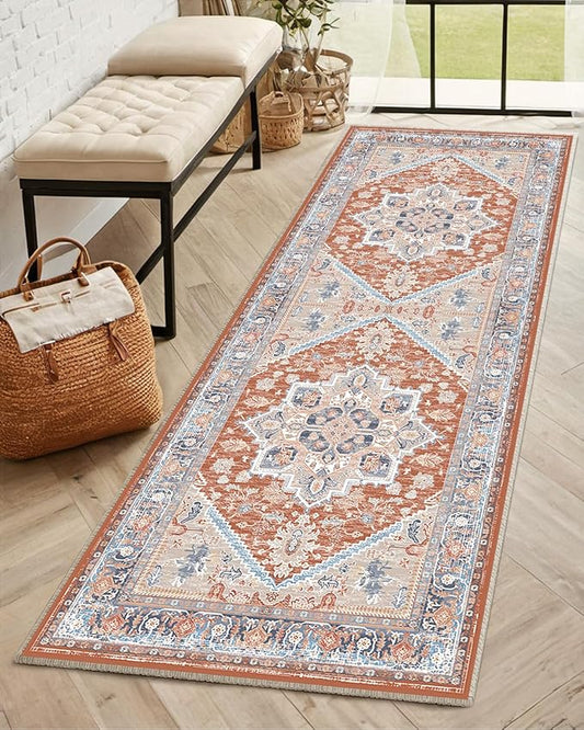 BESTSWEETIE 2x6 Area Rugs for Living Room Washable Non Slip Carpet Low Pile Soft Vintage Print Pattern Rug for Bedroom Dining Room Kitchen Entryway Indoor-Brick/Blue/Light Ivory