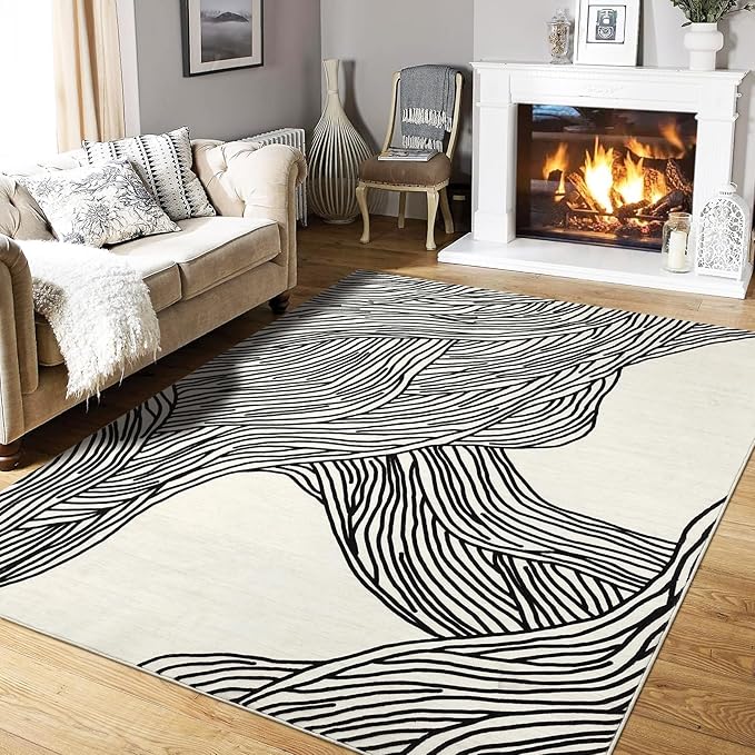 5x7 Modern Abstract Area Rugs for Living Room Non Slip Backing Washable Rug Indoor Carpet Bedroom Rug Low Pile Non-Shedding Soft Faux Wool Rug for Dining Room Nursery Office Ivory/Black