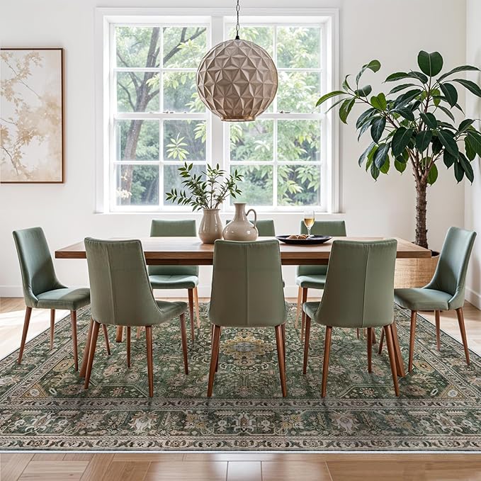 Living Room Area Rug 9x12 - Bedroom Washable Large Indoor Rugs Soft Distressed Oriental Vintage Rugs Non-Slip Backing 12ft 9ft Low Pile Stain Resistant Indoor Carpet Farmhouse 9x12 Green/Multi