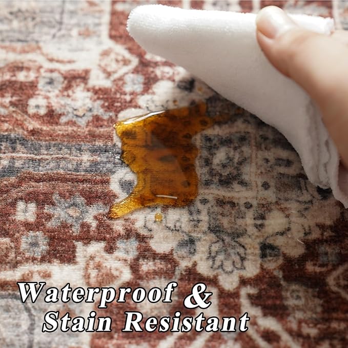Washable 3x5 Area Rugs - Vintage Area Rug for Living Room Stain Resistant Carpet Low Pile Ultra-Thin Rugs for Bedroom Kitchen entryway with Non Slip Backing Home Decor Small Mat 3X5 Brick
