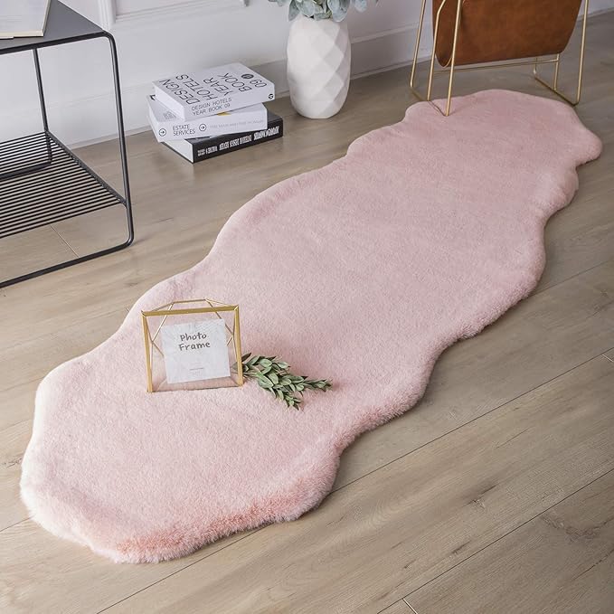 Ashler HOME DECO Ultra Soft Faux Rabbit Fur Chair Couch Cover Area Rug for Bedroom Floor Sofa Living Room Pink 2 x 6 Feet