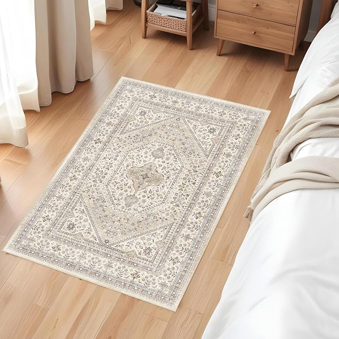 Washable Entryway 2x3 Rug: Small Boho Rugs for Indoor Entrance Non Slip Backing Stain Resistant Carpet Low Pile Throw Rugs for Bedroom Bedside Inside Front Door Floor Kitchen Decor(Beige,2x3FT)