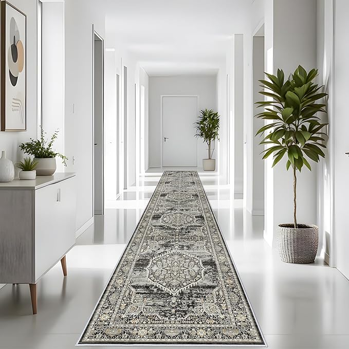 Washable Hallway Runner Rugs 3x20: Soft Ultra Thin Low Pile Carpet Machine Washable Indoor Lightweight Rug Runner Anti Slip Backing Rugs for Living Room Bedroom Kitchen 3'x20' Black