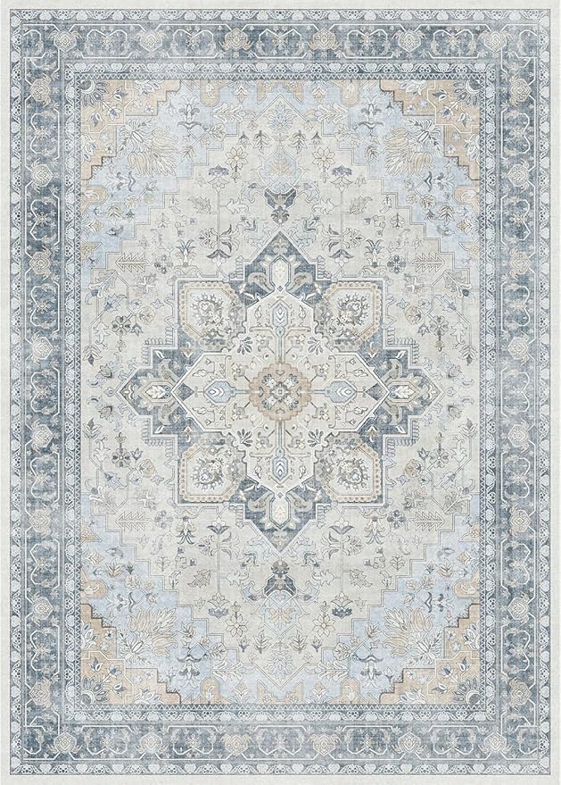 Area Rug 6x9 Machine Washable Vintage Distressed Print Blue Floral Medallion Accent Bedroom Living Room Hallway Entryway Throw Rug, Ultra-Thin Lightweight Non Slip with Gripper