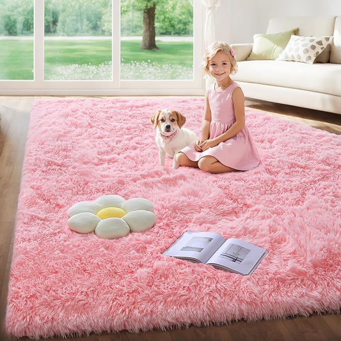 Thick Area Rugs 6x9 Pink Fluffy Shag for Girls Bedroom, Soft Plush Fuzzy Washable Thickened Non-Slip Large Carpet for Living Room, Modern Shaggy Furry Rugs for Toddler Nursery Kids Dorm Room