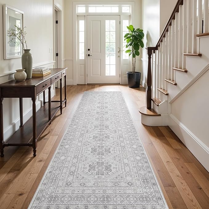 3x12 Runner Rug Kitchen Washable: Oriental Indoor Hallway Runners with Non Slip Backing Floor Mat for Entryway Door Low Pile Thin Carpet for Bedroom Bathroom Living Room Bedside Grey