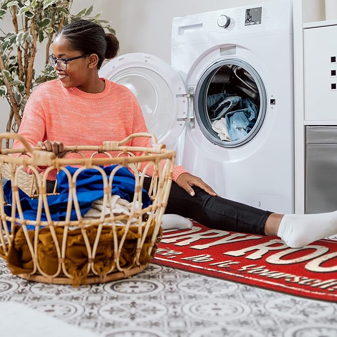 Machine Washable Text Design Laundry Room Rug Non-Slip Rubberback 2x5 Laundry Runner Rug for Laundry Room, Bathroom, Washroom, 20" x 59" Oval, Red