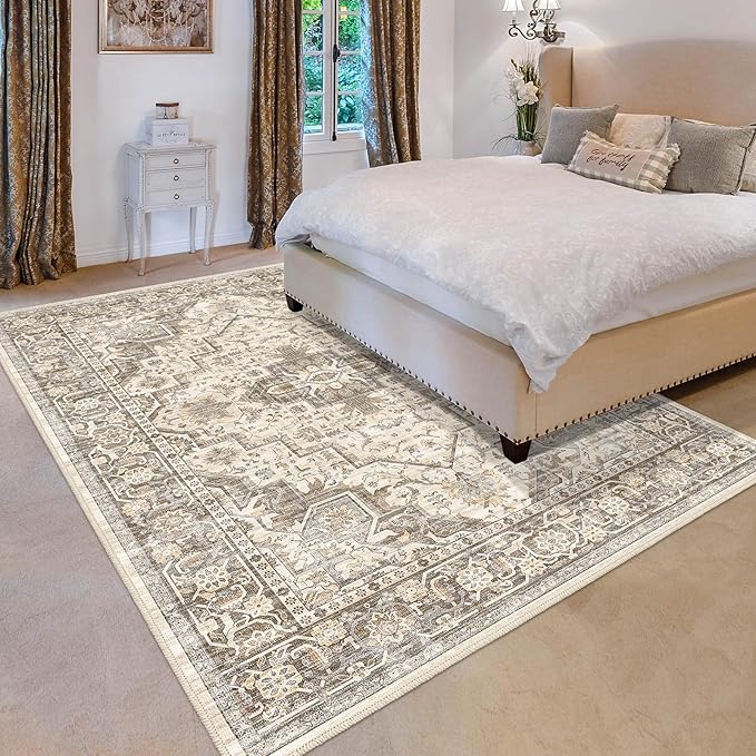 Washable Vintage Area Rug 8x10，Printed Vintage Home Decor, Floor Decoration Carpet Mat，Thin Rug for Living Room, Distressed Oriental Reto Indoor Floor Carpet Rug (Brown Beige 8x10)