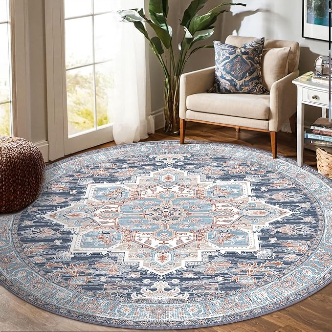 BESTSWEETIE 6ft Area Rugs for Living Room Washable Non Slip Carpet Low Pile Soft Vintage Print Pattern Rug for Bedroom Dining Room Kitchen Entryway Indoor-Navy Blue/Light Blue/Natural/Brick