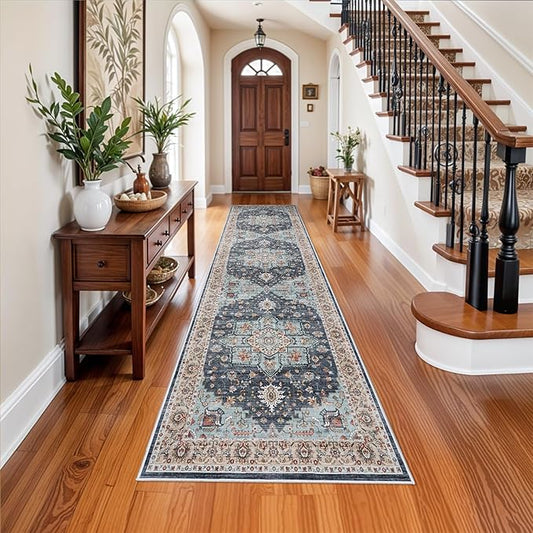 Washable Oriental Hallway Runner Rug - 3x12 Rugs for Living Room Soft Carpet for Bedroom Kitchen Waterproof Floral Distressed Indoor Stain Resistant Non-Shedding Floor Carpets (Blue/Teal/Orange, 3X12)