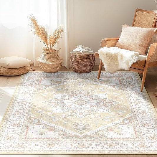 BESTSWEETIE 3x5 Area Rugs for Living Room Washable Non Slip Carpet Low Pile Soft Vintage Print Pattern Rug for Bedroom Dining Room Kitchen Entryway Indoor-Cream/Light Yellow/Brown/Blue/Red/Pink