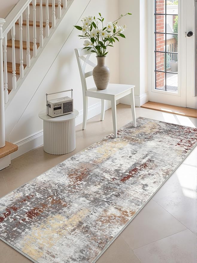 Washable Abstract Runner Rug, 2x6 Modern Area Rugs with Non-Slip Rubber Backed for Kitchen, Thin but Soft Contemporary Carpet Bedroom Entryway Hallway Decor, Rusty Brown