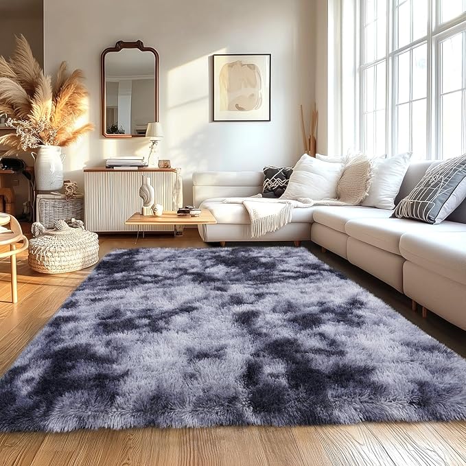 Tie-Dyed Black Fluffy Rugs for Bedroom 5x7 ft - Ultra Soft & Non Slip Shaggy Area Rug, Comfy Durable Carpet for Living Room Kids Room Teens Dorm Home Decor, 1.7'' Thick Indoor Carpets
