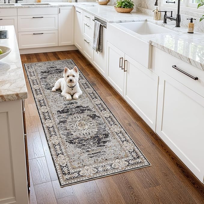 2x5 Runner Rug for Hallway Washable: Non Slip Kitchen Rugs with Rubber Backing Soft Waterproof Mats Stain Resistant Indoor Vintage Carpet Runner for Bedroom Bathroom Laundry Entryway Black/Gray