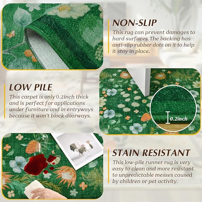 Area Rugs for Living Room, 6x9 Washable Non-Slip Rug for Bedroom, Vintage Floral Carpet for Home Office Nursery Dining Room Kitchen, Green