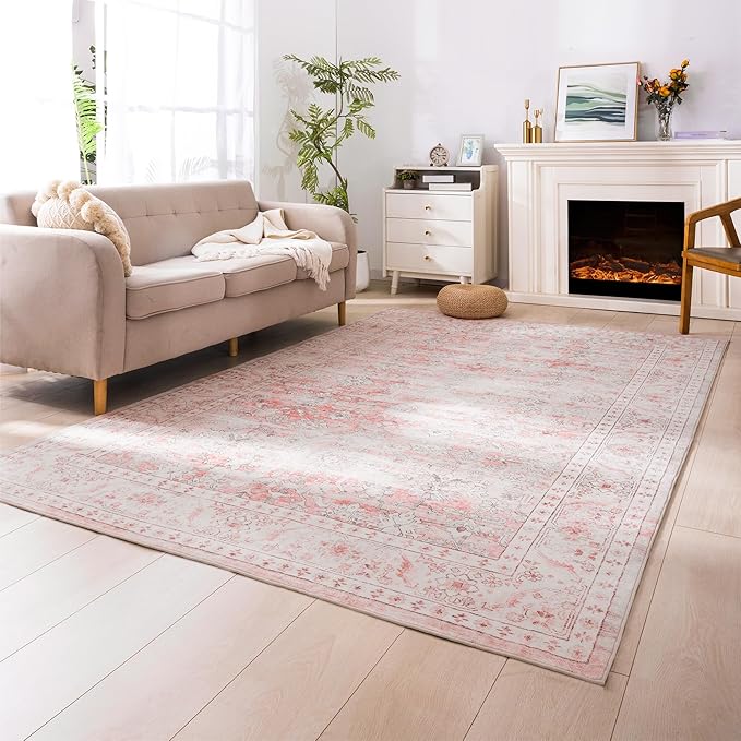 Carvapet Pink Rugs for Living Room Bedroom, Vintage Low Pile Large Carpet with Rubber Backing, Foldable, Non Slip Machine Washable (12 x 9 Feet Rectangular, Pink Area Rug)