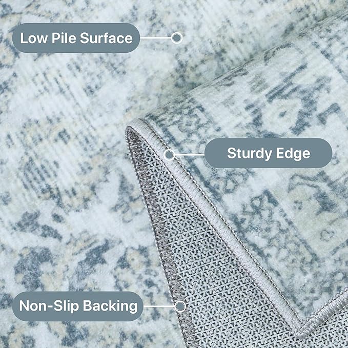 Area Rugs for Living Room 9x12 Machine Washable Rug, Boho Vintage Retro Floral Carpet for Bedroom Dining Room, Low Pile Lightweight Non Slip Rug, Blue