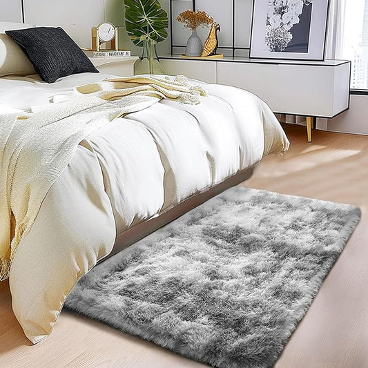 Shaggy Soft Fluffy Rug Non-Slip Indoor Floor Carpet for Living Room Anti-Skid Indoor Plush Carpet for Living Room, Height Pile 1.4" Plush Rug Tie-Dyed Light Grey 2x3 Feet