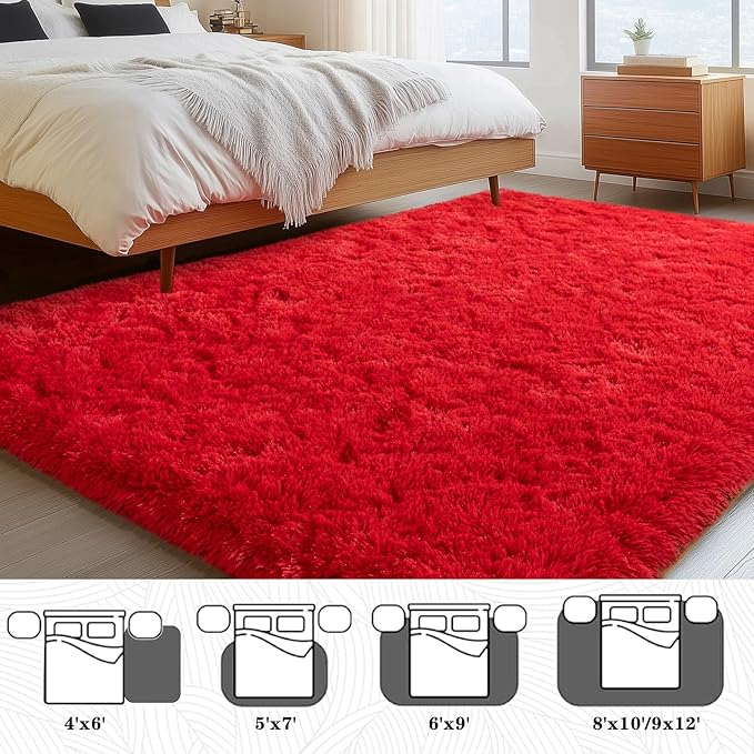 5x7 Red Rugs for Bedroom, Soft Fluffy Shaggy Rug for Living Room, Non-Slip Fuzzy Shag Carpet Rug for Kids Room Home Decor Aesthetic