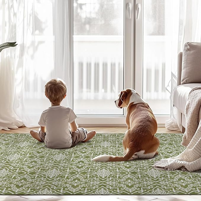 jinchan Boho Runner Rug 2x5 Moroccan Washable Rug Hallway Indoor Floor Accent Carpet Floral Tile Print Mat Soft Thin Runner Non Slip Carpet for Kitchen Bedroom Bathroom Laundry Room Decor Green