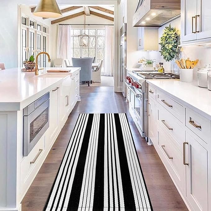 Striped Outdoor Rug 24'' x 51''Black and White Front Porch Mat, Machine Washable Hand-Woven Indoor Layered Doormats for Entryway Bedroom