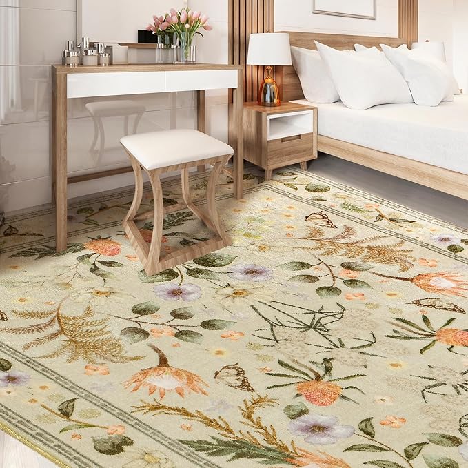 Area Rugs for Living Room, Non-Slip 4x6 Washable Rug for Bedroom,Vintage Floral Carpet for Entryway Office Kitchen Dining Room, Beige