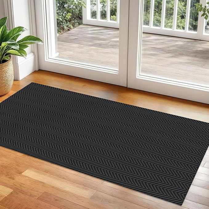 2x5 Ft Runner Rug Washable Runners for Hallways Kitchen Runner Rug with Rubber Backing Cotton Entryway Runner Indoor, Woven Floor Carpet for Hall Kitchen Bedroom, Black/Grey