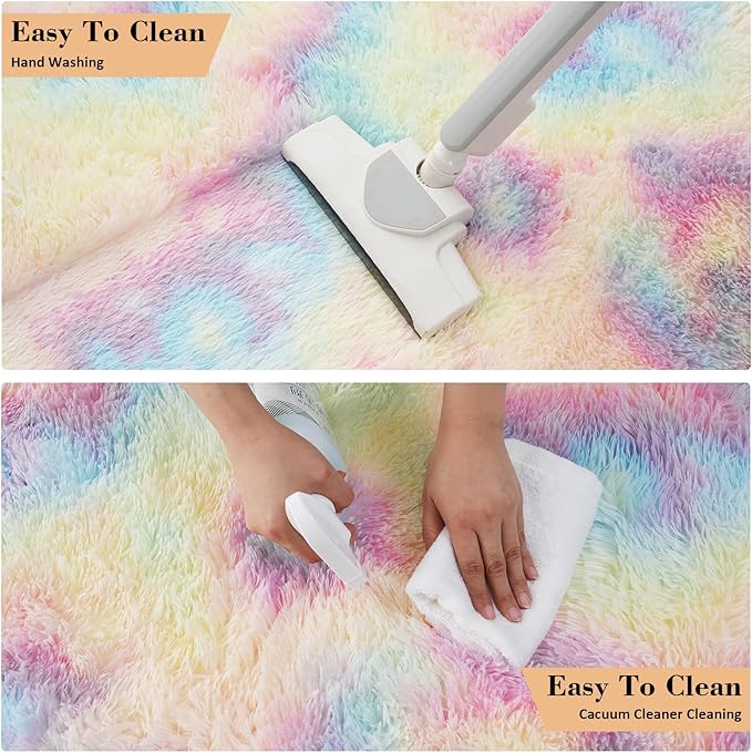 Rainbow Fluffy Rug Shaggy Area Rug, 3x5 Area Rugs for Girls Bedroom, Soft Cute Baby Play Mat, Indoor Floor Carpet for Teen, Nursery, Preppy Dorm, Plush Aesthetic Bedside Rug