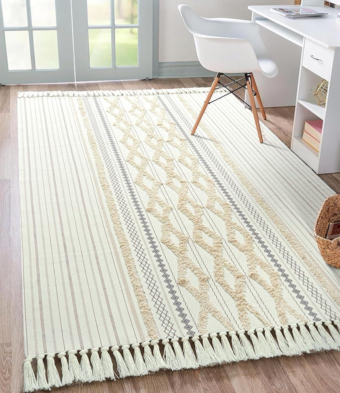 Washable Boho Cotton Rug, Modern Farmhouse Tufted 4x6 Area Rugs with Tassels, Cute Bohemian Chic Accent Bedroom Rug Throw Carpet for Dining Living Room Entryway Indoor Kitchen Bedroom Dorm