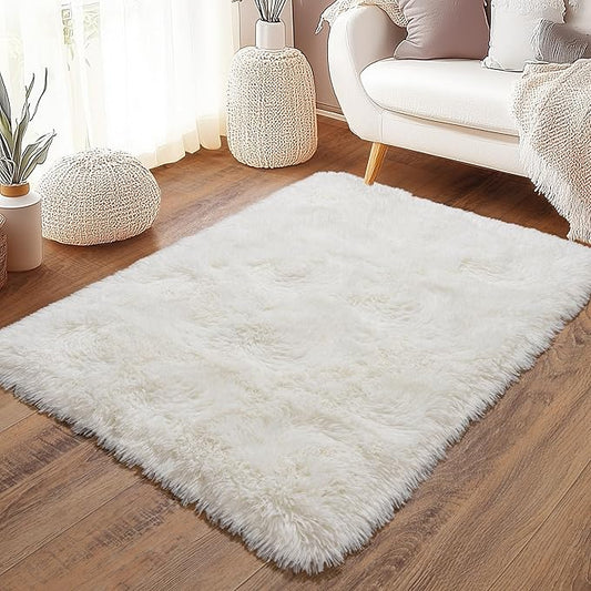 White Fluffy Rug for Bedroom 3x5 ft Small Rug - Ultra Soft & Non Slip Shaggy Area Rug, Comfy Durable Carpet for Living Room Kids Room Teens Dorm Home Decor, 1.7'' Thick Indoor Plush Carpets