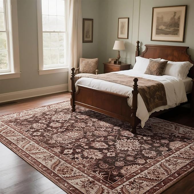 Area Rugs for Living Room, 6x9 Washable Area Rug for Bedroom, Retro Floral Non-Slip Carpet for Nursery Home Office Dining Room Kitchen, Brownish Red