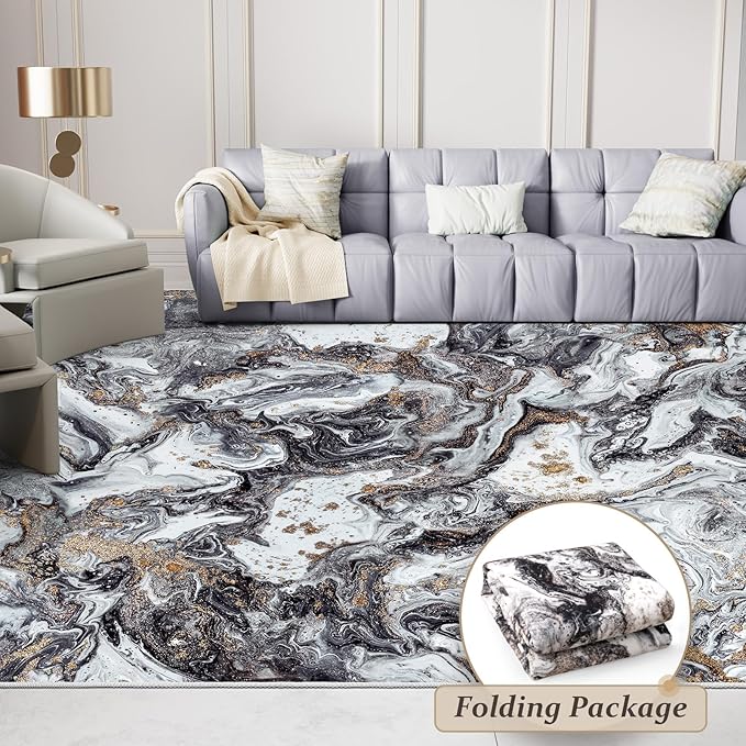 Washable Area Rug 9x12 - Artistic Style Modern Rug for Living Room Bedroom Dining Room, Soft Low Pile Machine Washable Carpet, Non Slip Non Shedding Area Rug - Black/Gold, 9'x12'