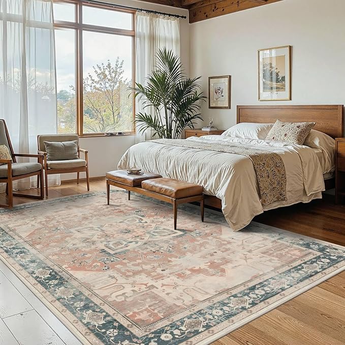 4X6 Rug,Washable Area Rugs for Living Room, Orange Boho Rug,Neutral Vintage for Bedroom, Dining Room, Kids Room, Farmhouse, Low Pile Non Slip Carpet for High Traffic Areas, Coral(Orange&Blue)