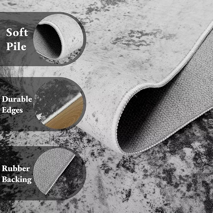 Washable Abstract Rug, 5x7 Modern Area Rugs with Non-Slip Rubber Backed for Living Room, Thin but Soft Contemporary Carpet Kitchen Bedroom Dining Room Decor, Black Grey