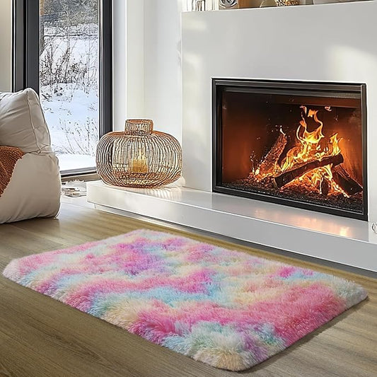Zentavio Bedside Rugs Small 2x3 Shag Entry Entrance Rugs Soft Girls Bedroom Carpet Area Rugs for Dorm College Essentials Non-Slip Living Room Throw Rug Home Decor Aesthetic Nursery Rainbow