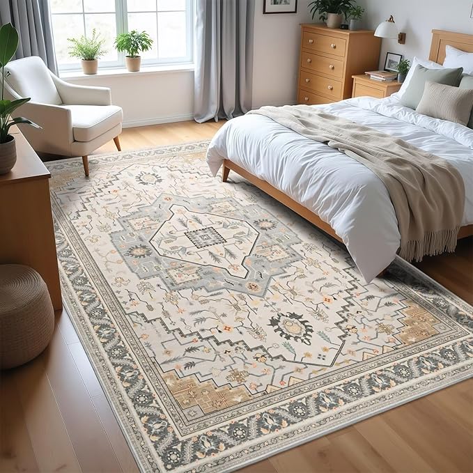4x6 Grey Beige Area Rug for Living Room, Machine Washable Rugs with Non-Slip Backing for Bedroom, Vintage Medallion Carpet Kitchen Laundry Kids Room Decor